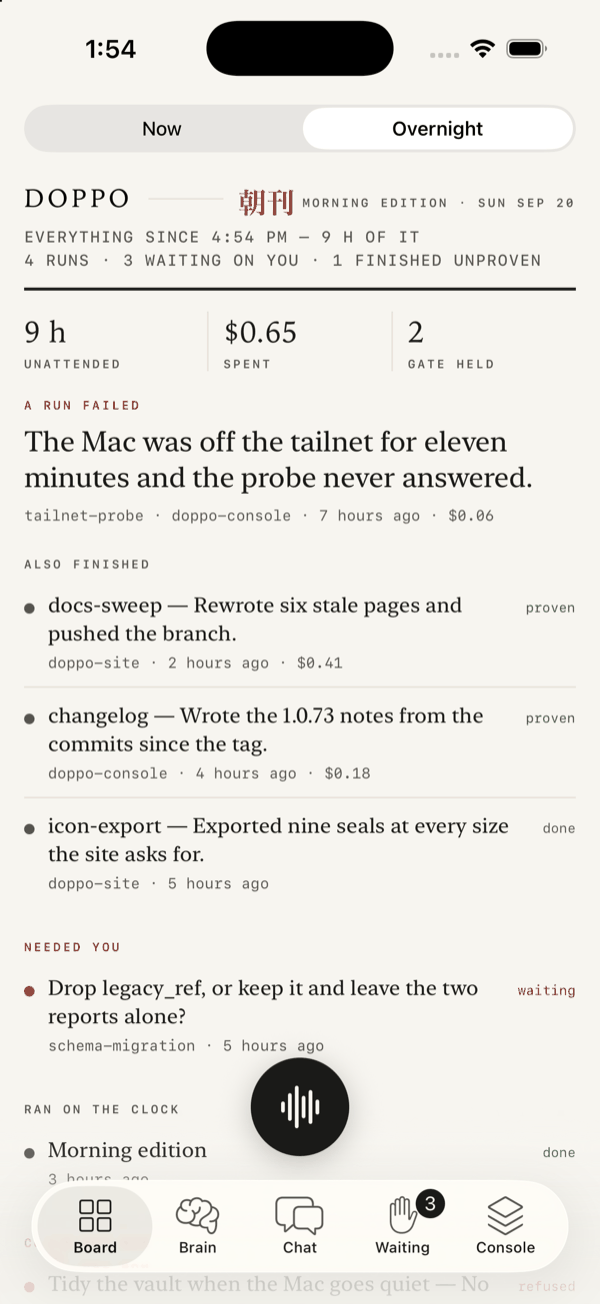 The Doppo phone app showing the Morning Edition: a masthead reading DOPPO, the kanji for morning edition, and the date, a strip of figures for the night, then the lead story and the runs that finished.